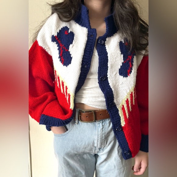 ‼️SOLD‼️ One Of A Kind Knit Handmade Western Cowboy Colour Block‎ Cardigan - Picture 5 of 14